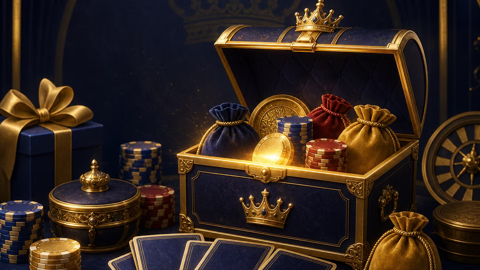 Royal blue and gold casino reward chest with chips and cards
